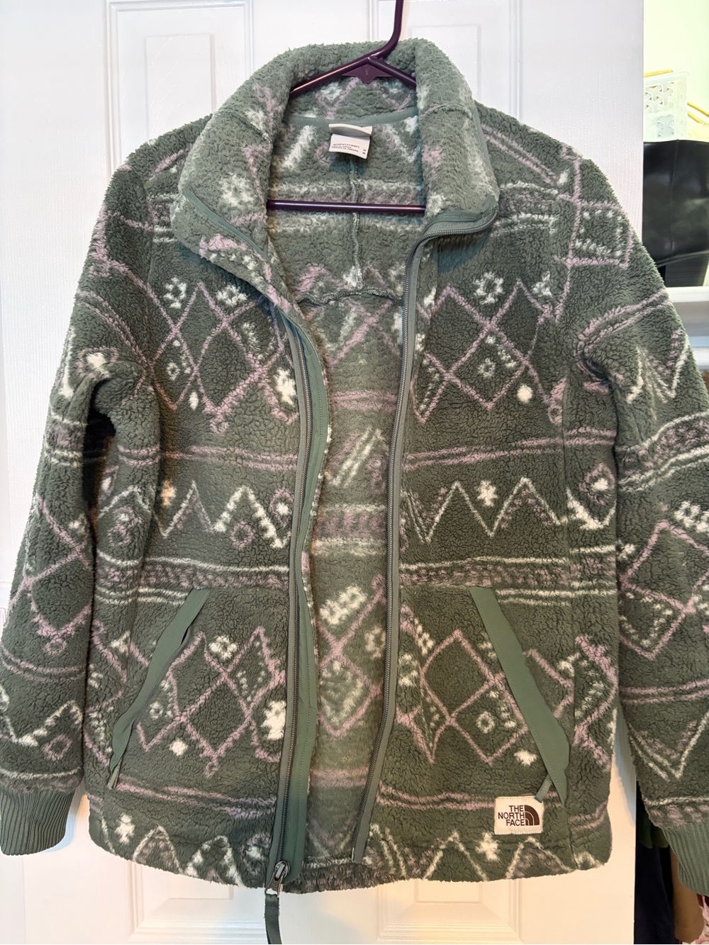 The North Face Olive Green & Pink Patterned Fleece Puffer Jacket